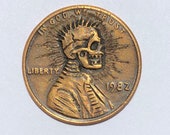 Rare 1982 Real Hand Carved Lincoln Sunburst Skull Cent Hobo Nickel Coin Art Engraving - Item HN19071