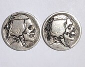 Rare 2pc Lot Real Hand Carved Buffalo Hobo Nickel Skull Coin Set - Unsigned Engraving Art - Item HN19065