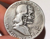 Rare 1952 Real Silver Hand Carved Benjamin Franklin Half Dollar Skull Hobo Nickel Coin Art - Perfect for Jewelry or Novelty - Item HN18027