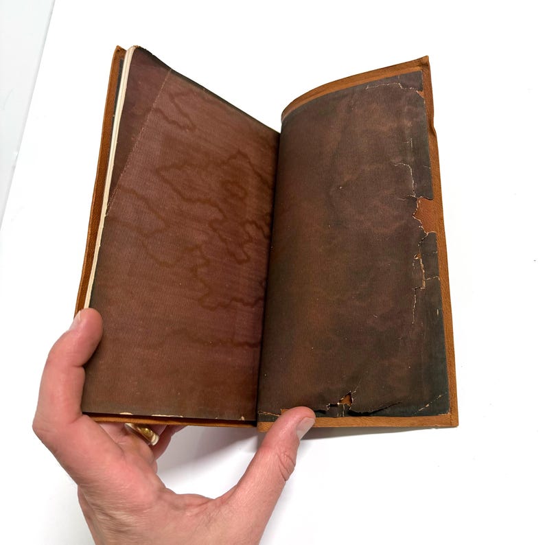 K&ouml;nnte beinhalten: Ein ge&ouml;ffnetes braunes ledergebundenes Tagebuch mit gealterten Seiten. Die Seiten sind abgenutzt und haben eine verblasste braune Farbe.