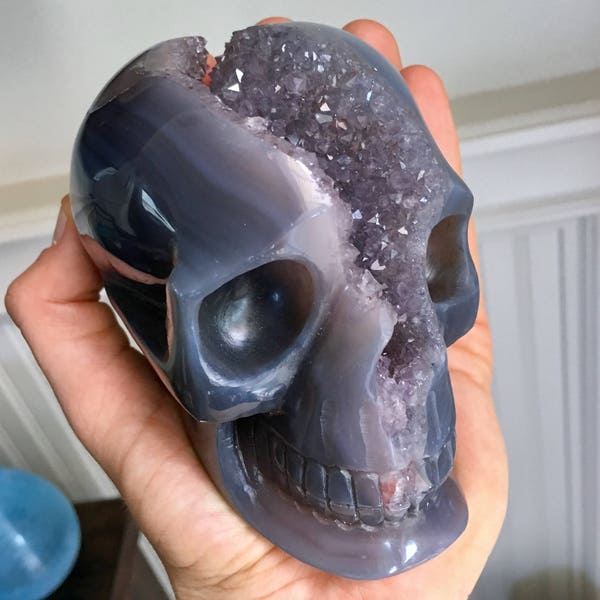Rare 1.9lb Large Hand Carved Agate, Amethyst and Quartz Crystal Geode Skull Centerpiece Carving - Brazil - Item:Q171173