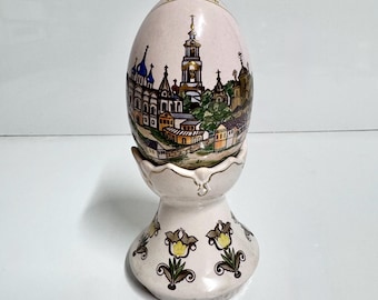 Vintage 5.9” Russian Hand Painted Porcelain Egg on Stand Collectible Antique 1940s Cityscape Art Egg Made in Russia