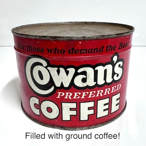 Rare 5.1” Antique Cowan’s Coffee Tin Unopened Can Sealed with Original 1lb of Ground Coffee Vintage Sunset Coffee Co Los Angeles, California
