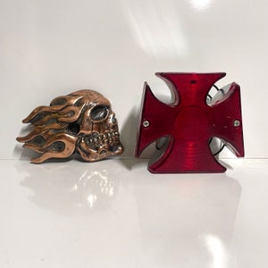 2pc Lot Vintage Bronze Flaming Skull Metal Motorcycle Emblem & Maltese Cross Chrome Taillight Set Antique Americana Collectible Automobile