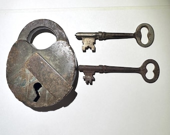 3pc Lot Antique Brass Padlock and Skeleton Key Set 1800s Collectible Vintage Set - Item:VC26024