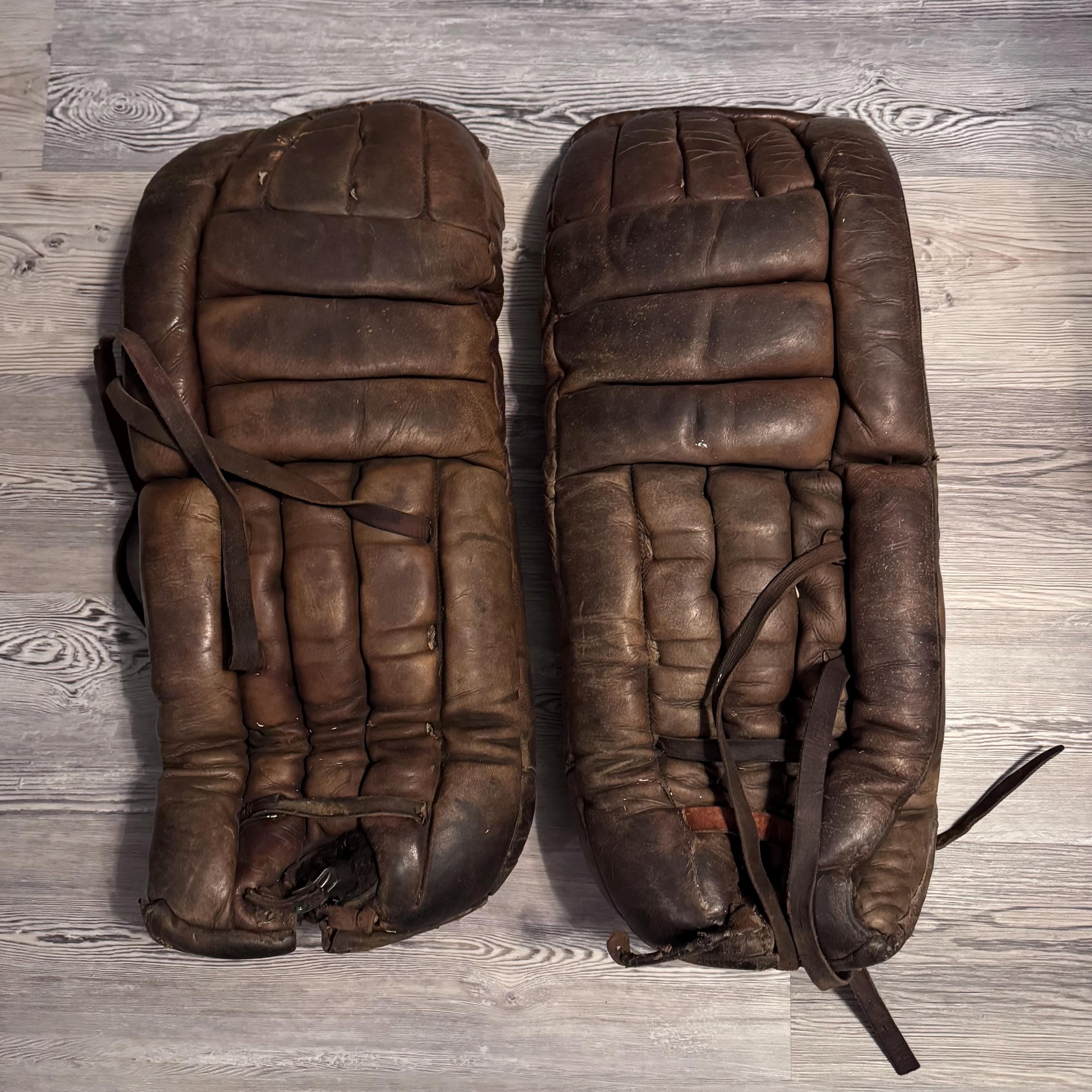 2pc Lot Large Rare Antique Cooper Weeks Ice Hockey Leather Goalie Pads Collectible 1950s Early Vintage Cooper Sports Memorabilia Canada