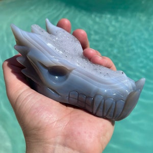 Rare 5” Large Carved Dragon Agate with Quartz Crystal Dragon Head 1.1lb Centerpiece Carving - Brazil - Item:Q22271