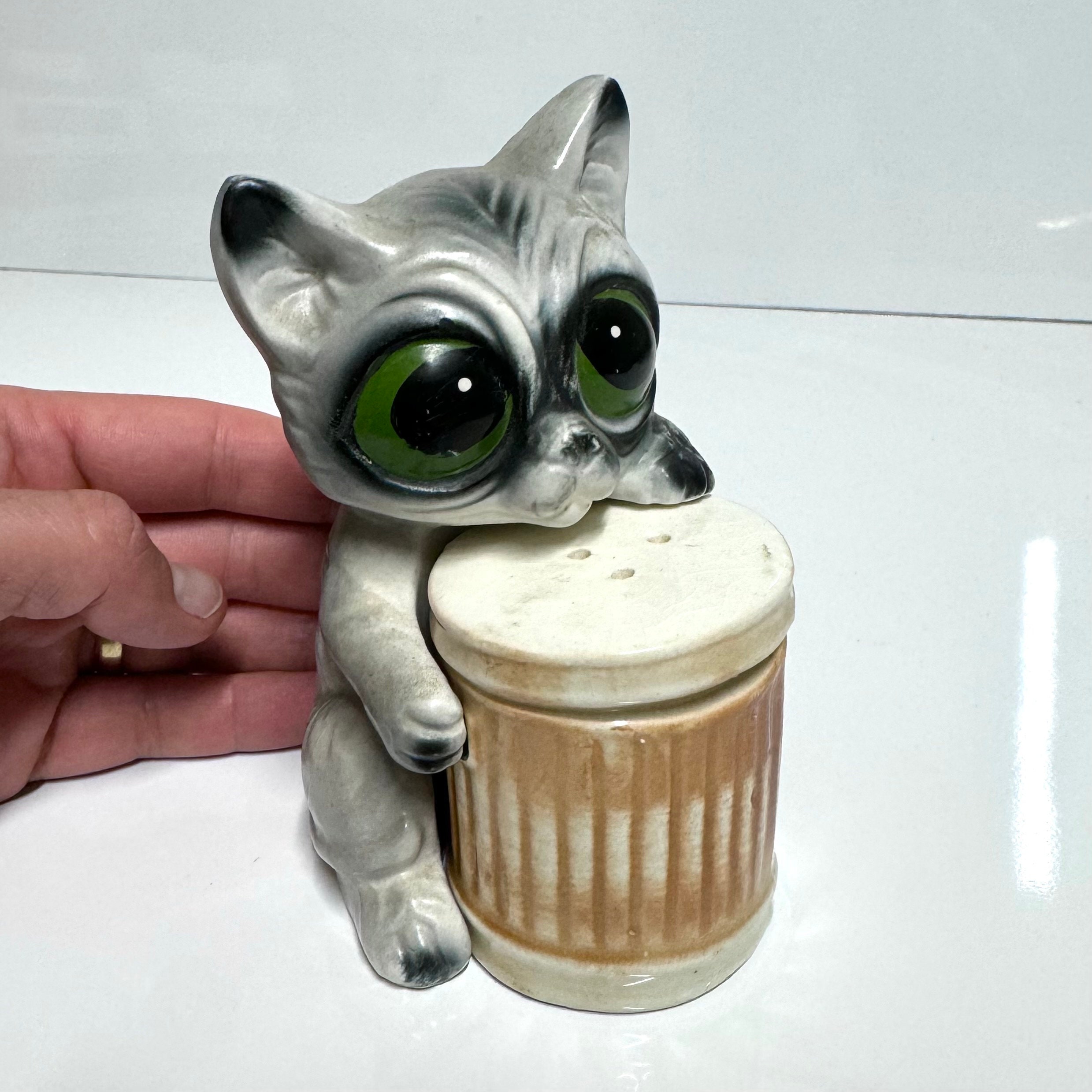 Vintage Japanese Cat + Trash Can Porcelain Salt & Pepper Shaker