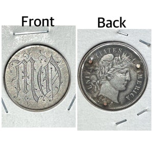 Rare 1901 Silver Engraved “MD or VW” Love Token Barber Dime 10 Cent Coin - Item:CC23010