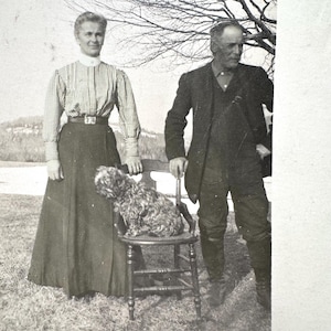 Rare Antique Outdoor Maine Photograph Man & Woman with Dog on Chair Vintage 1912 with 1 Cent Stamp Real Photo Christmas Postcard RPPC