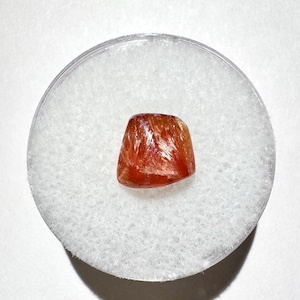 May include: A polished, reddish-orange gemstone with a translucent, fibrous appearance. The stone is displayed on a white, circular, foam-like surface within a clear plastic container. The gemstone's color ranges from deep red to a lighter orange.