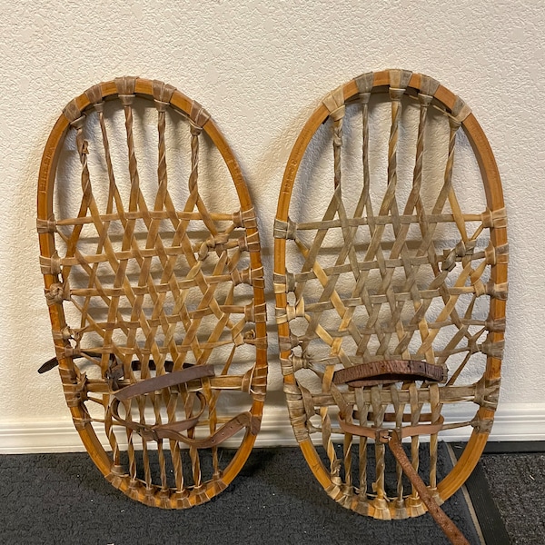 Rare 21” Vintage 1943 Wooden Lund WWII Military Snow Shoes, Rawhide & Leather Bindings World War 2 Collectible Snowshoe Pair Made in the USA