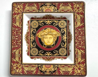 Rare 5.2” Vintage Versace Designer Porcelain Jewelry Ring Dish Collectible Genuine Luxurious Versace Medusa Square Decorative Rosenthal Tray