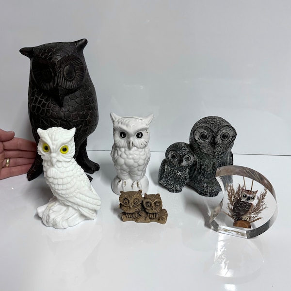 6pc Lot Vintage Owl Figurine & Carving Collection - Porcelain, Soapstone, Marble, Resin Owl Set 4.85lb Wholesale Figurines Set