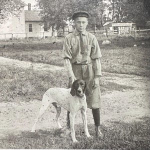 Rare Antique Outdoor Photograph Boy with his Dalmatian Dog 1910s Vintage Real Photo Postcard RPPC