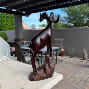 Rare 13” Tall Vintage Ironwood Hand Carved Bighorn Sheep Sculpture Collectible 2.85lb Wooden Carving Home Decor
