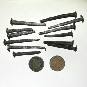 14pc Lot Hand Forged Rosehead Iron Nails & Indian Head Cents Coin Set Found in 1800s Farmhouse Attic Broadbrook, Connecticut - Item:VC23105