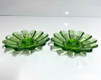 2pc Lot Antique Green Glass Candlestick Holder Set Vintage Elegant Collectible Candle Holder Set