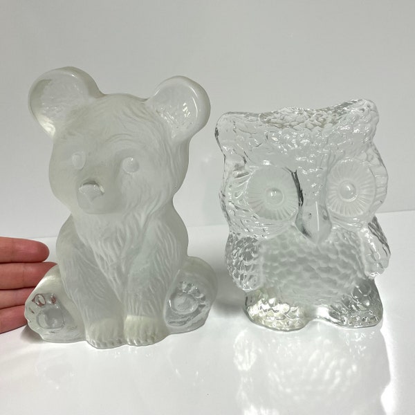 Rare 2pc Lot XL Vintage Viking Glass Bookend Set 5.4lb Collectible Bear and Owl Handmade Glass Animal Bookend Set