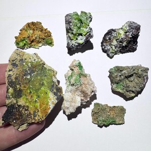 May include: A collection of six raw mineral specimens featuring varied textures and earthy tones. The stones display vibrant green crystalline formations embedded within rocky, brown, gray, and tan matrix surfaces of irregular shapes.