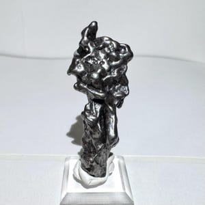 May include: A dark, irregularly shaped metallic object, possibly a meteorite, displayed on a clear acrylic stand. The object has a rough, textured surface and a unique, organic form. The stand is square and the background is white.