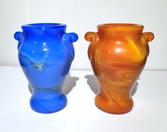 2pc Lot Small 2.5” Vintage Swirling Blue and Orange Glass