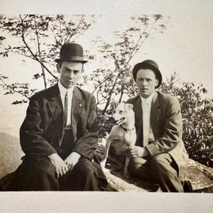 Rare Antique Outdoor Photograph Young Gentlemen and Loyal Dog 1910s Vintage Real Photo Postcard RPPC