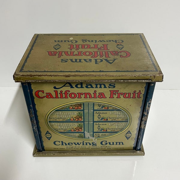 Rare 6.6” Vintage 1917 Adams California Fruit Chewing Gum Antique Store Display Tin Container Collectible Tin - American Chicle Company