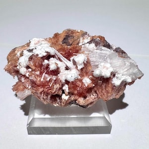 May include: A cluster of pink and white crystals on a clear display stand. The crystals are arranged in a natural, organic pattern, creating a visually appealing and unique specimen.