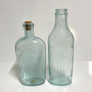 2pc Lot Antique 1800s Glass Bottle Set - Scott’s Emulsion Warranted Flask Old Collectible Medicinal Glass Bottles Set