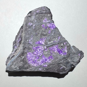 May include: A close-up of a purple and gray rock with a rough texture. The rock has a triangular shape and is covered in small, purple crystals.