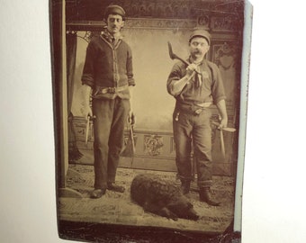 Rare Tintype, Men with Knives + Axe & Dog - Crisp Details Original Vintage Tintype Photograph - Circa Mid to Late 1800s - Item:TT20006