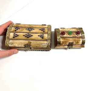 2pc Lot Vintage Camel Bone & Brass Jewelry Box Set 1960s Collectible Antique Jewellery Storage Box Set