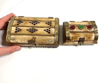 2pc Lot Vintage Camel Bone & Brass Jewelry Box Set 1960s Collectible Antique Jewellery Storage Box Set