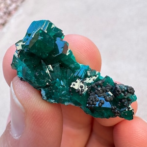 May include: A cluster of green crystals with a dark, almost black, mineral matrix. The crystals are sharp and have a glassy luster.