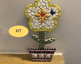 KIT Make Your own Yellow Flower & Purple Pot Mosaic, age 10yrs + with adult supervision