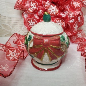 Vintage Fitz and Floyd Hand Painted Christmas Sugar Bowl, Ceramic Sugar Bowl, 1990&#39;s