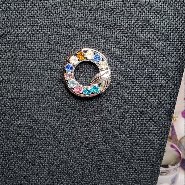 Classy Carla Mothers Wreath Brooch/Pin, Multi Colored Crystals, 1/20  12K GF, White Gold Filled, Vintage 1950's