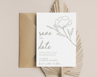 Wildflower Wedding Save the Date Template, Sage Green Floral Wedding Invitation, Wedding Invitation Template Download, Minimalist Save Date