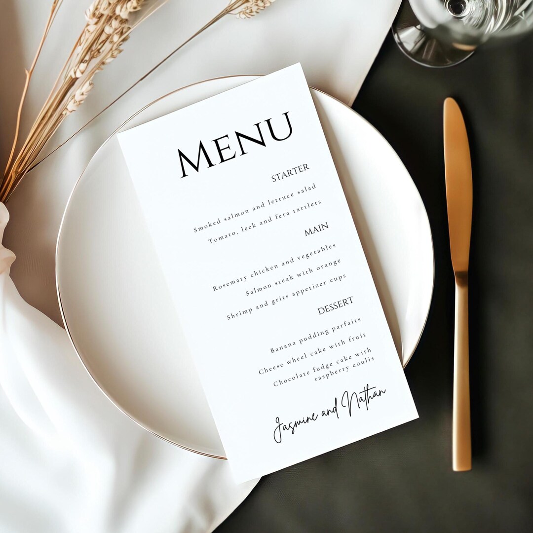 Elegant Wedding Menu Template, Classic Black and White Editable Menu ...