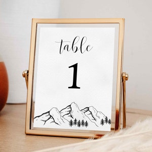 Mountain Sketch Table Number Cards, Mountain Table Decor, Printable Mountain Pine Wedding Table Numbers, Rustic Editable Template, Woodland