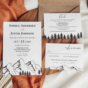 Mountain Wedding Invitation Suite Template, Rustic Wedding Invitation Set with RSVP, Minimal Wedding Invite, Adventure Wedding Invitation