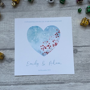 Gepersonaliseerde winterthema trouwkaart, verlovingskaart, hart trouwkaart, kerstbruiloft, vakantie, vakantie, luxe kaart