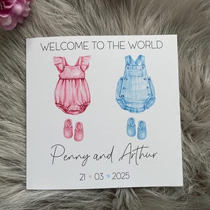 Tarjeta de felicitación personalizada para nuevos bebés gemelos, anuncio de nacimiento, regalo de baby shower, sobrino, sobrina, regalo para bebé, gemelos niño niña, gemelos idénticos,