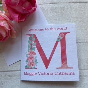 Biglietto d'auguri personalizzato per neonato con alfabeto, annuncio di nascita, biglietto di battesimo, regalo per baby shower, nipote, nipote, regalo per neonato, lettera, floreale