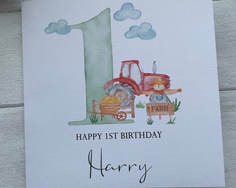 Tarjeta de cumpleaños personalizada de tractor: Tarjeta de la edad del espantapájaros de la granja