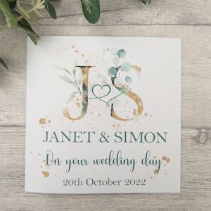 Carte de mariage initiales personnalisées, carte de fiançailles, thème de mariage en or, carte d'eucalyptus, verdure