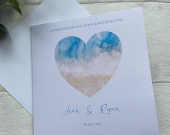 Tarjeta de boda personalizada con tema de playa, tarjeta de compromiso, tarjeta de boda de corazón, boda en el extranjero, vacaciones, lugar de boda de lujo en la playa