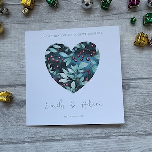 Gepersonaliseerde winterthema trouwkaart, verlovingskaart, hart trouwkaart, kerstbruiloft, vakantie, vakantie, luxe kaart