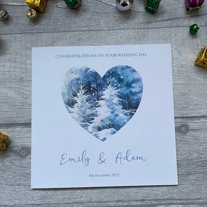 Gepersonaliseerde winterthema trouwkaart, verlovingskaart, hart trouwkaart, kerstbruiloft, vakantie, vakantie, luxe kaart eerste kerst